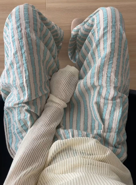 薄荷曼波蓝色条纹阔腿裤女2024夏季新款慵懒风宽松百搭休闲直筒裤