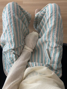 薄荷曼波蓝色条纹阔腿裤女2024夏季新款慵懒风宽松百搭休闲直筒裤