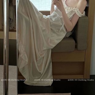 实拍仿醋酸缎珍珠白公主睡裙有口袋宽松甜美光泽吊带木耳花边裙子