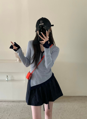 羊毛V领修身撞色不规则显瘦针织衫（含65%羊毛）  OT71387#  OZQ