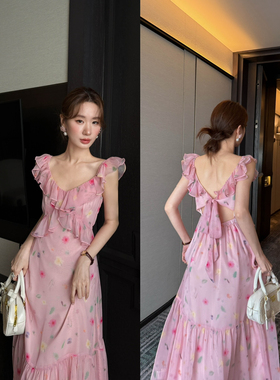 千金度假风甜美清新晕染印花荷叶边心机绑带露背连衣裙25968#LHHH