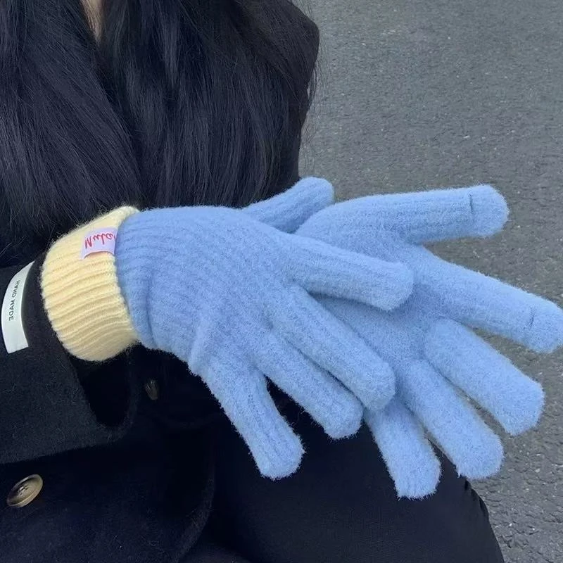 多巴胺拼接冬季保暖手套新款露指触屏女韩版百搭骑行秋冬防寒手套