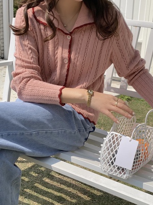 MOTOO定制娃娃领针织开衫麻花毛衣