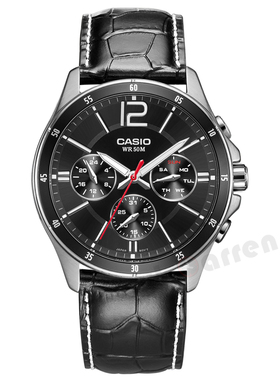 卡西欧CASIO手表男士皮带防水精钢带MTP-1374L-1A三眼休闲石英表