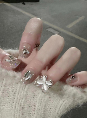 A480-幻蝶流沙穿戴甲成品美甲贴片爆闪水钻蝴蝶结光疗假指甲贴片