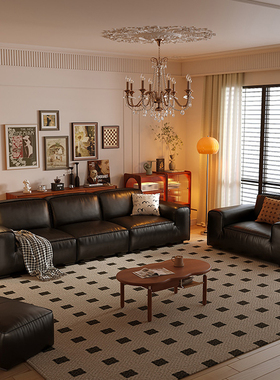 大黑牛真皮沙发客厅组合家用法式复古头层牛皮黑色豆腐块中古风