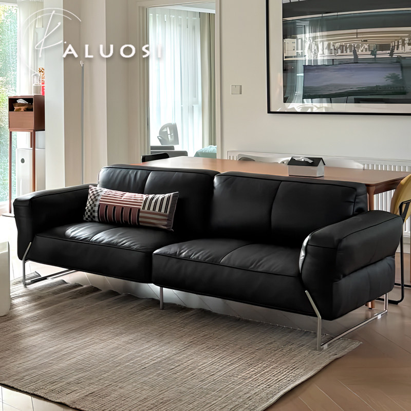 包豪斯复古风真皮沙发客厅家用现代简约直排头层牛皮黑色羽绒沙发