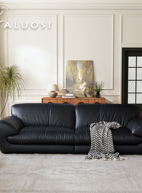 兰德里沙发黑色直排真皮沙发客厅复古三人位头层牛皮意式极简沙发