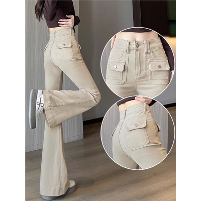美式卡其色工装紧身微喇牛仔裤女秋冬季加绒加厚修身马蹄喇叭裤子