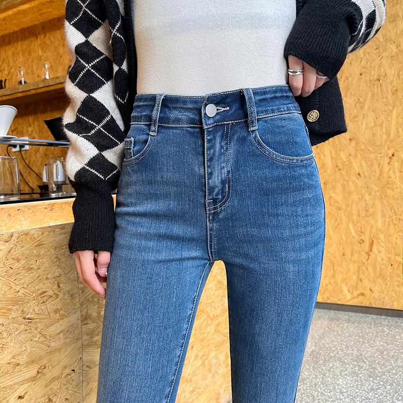 蓝色高腰牛仔裤女修身显瘦新款