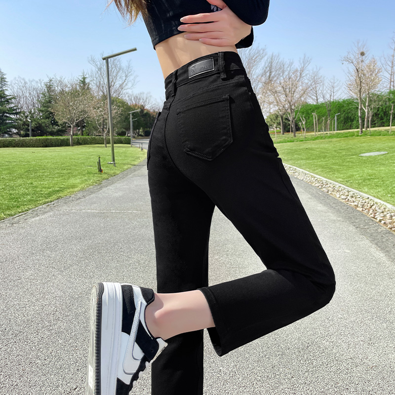 黑色牛仔裤女2025年小个子八九分春夏薄款宽松高腰显瘦烟管直筒裤