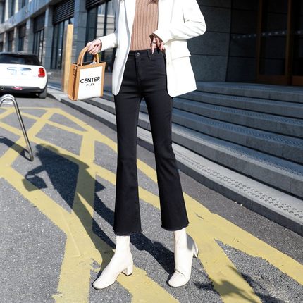 黑色高腰微喇叭牛仔裤女2024年秋冬加绒宽松八九分小个子显瘦显高