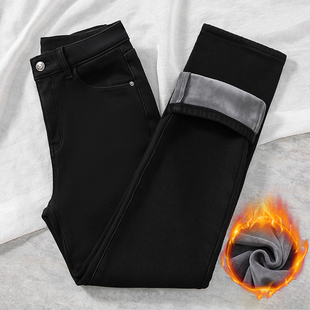 黑色加绒加厚烟管直筒牛仔裤 女秋冬小个子八九分梨形身材高腰显瘦