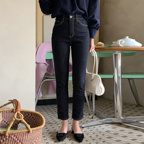 赠运费险！深蓝色高腰显瘦女裤子