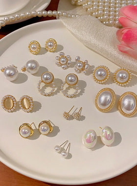 秒杀S925银针轻奢小众珍珠耳环女百搭气质猫眼石耳钉级设计感耳