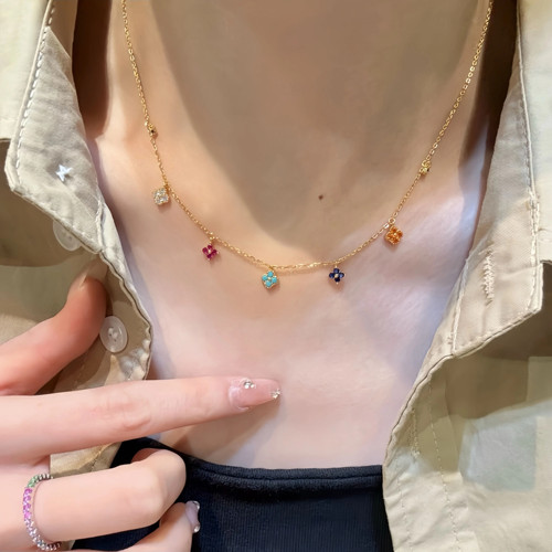 多巴胺彩色锆石四叶花吊坠锁骨链
