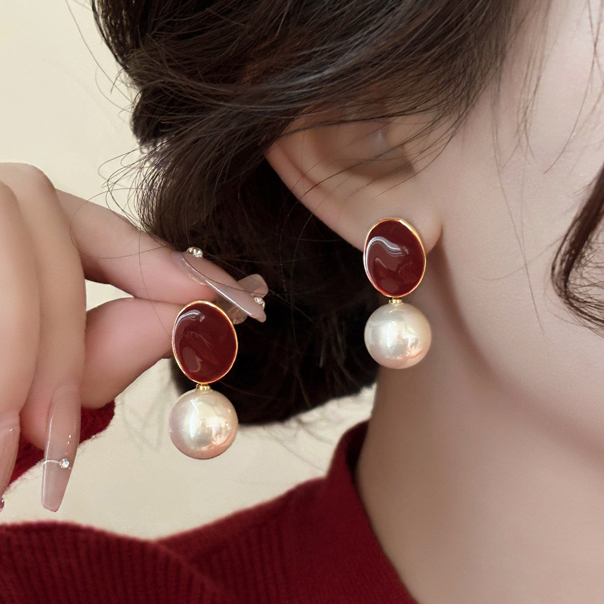 日韩红色秋冬珍珠耳钉高级耳坠复古耳环新款爆款耳饰耳夹,饰品/流行首饰/时尚饰品新,耳环,淘宝优惠券,粉丝福利购,淘宝优惠卷