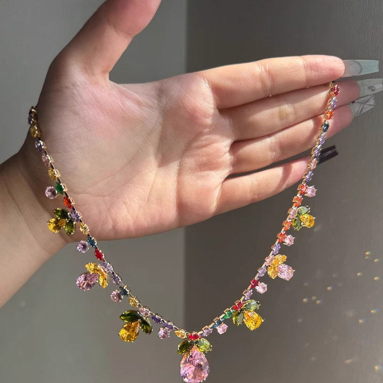 中古多巴胺满钻花朵浮夸彩宝项链女款2025新款设计感轻奢小众颈链,饰品/流行首饰/时尚饰品新,项链,淘宝优惠券,粉丝福利购,淘宝优惠卷