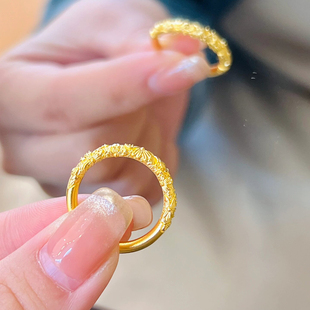 古法素圈紫荆花戒指女仿真黄金999金浮雕繁花似锦指环小红书爆款