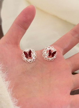 法式红色蝴蝶花环耳钉女小众设计复古名媛风温柔气质独特耳环耳饰