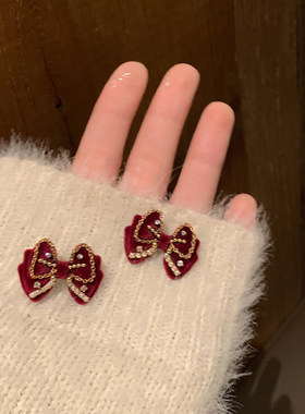 新年复古红色植绒蝴蝶结耳环女可爱甜美气质高级小众过年耳钉耳饰