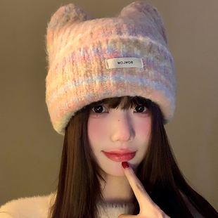 粉色渐变猫耳毛线帽女秋冬季韩系保暖加厚显脸小针织套头帽大头围