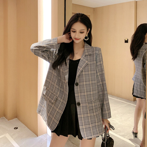 Autumn and winter 2021 Korean retro women's dress Lapel thin temperament lattice small suit coat