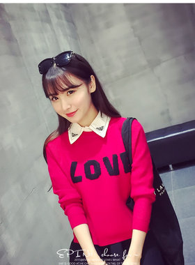 春装新款学生针织套头打底衫圆领长袖女装保暖毛衣女LOVE