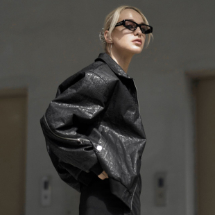 SLASHEE 做旧哑光纹理皮质翻领MA1棉服外套Bomber