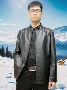 帅气方 时尚 领真皮皮衣净面黑色外套 男士 高端头层小牛皮春季