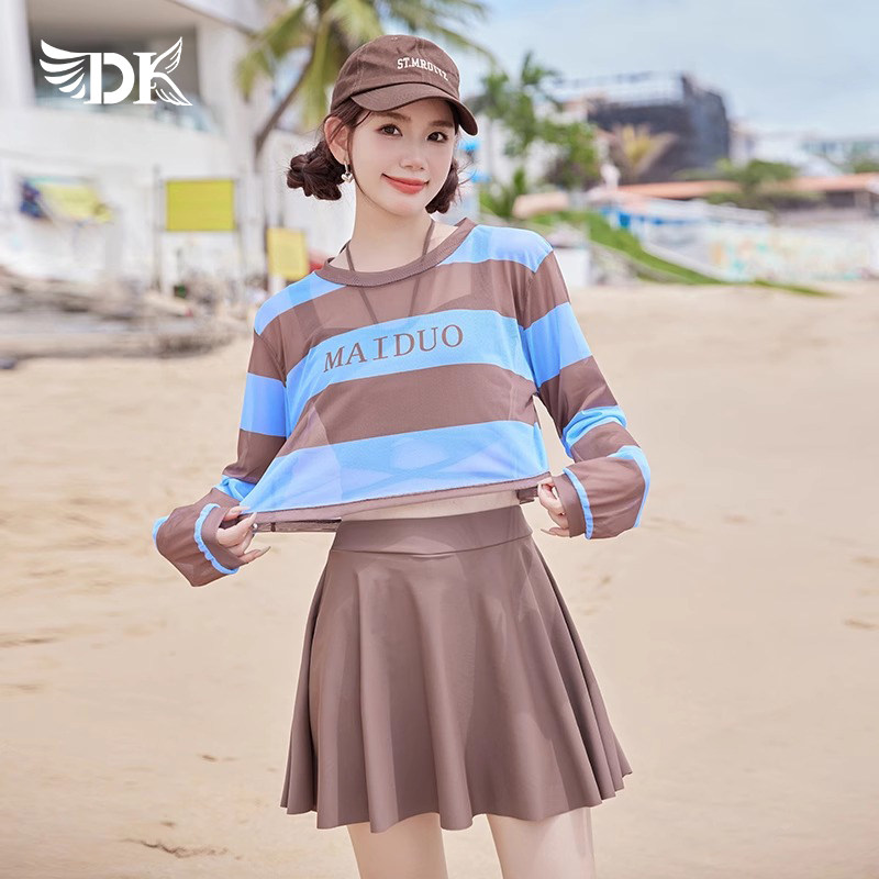 DK泳衣女保守分体裙式高级感2025新款长袖防晒遮肚显瘦泳装三件套