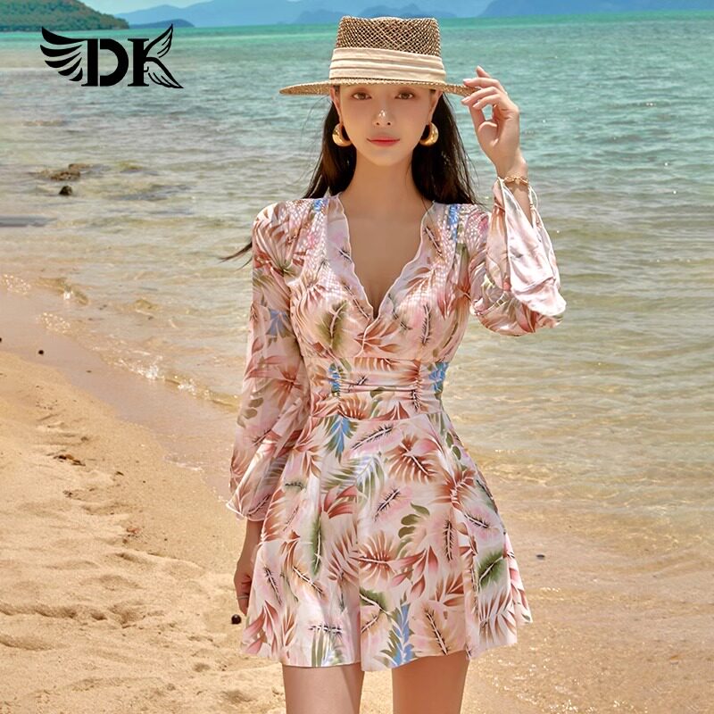 DK长袖连体泳衣2025新款高级感裙式女孩钢托印花感情侣温泉游泳衣