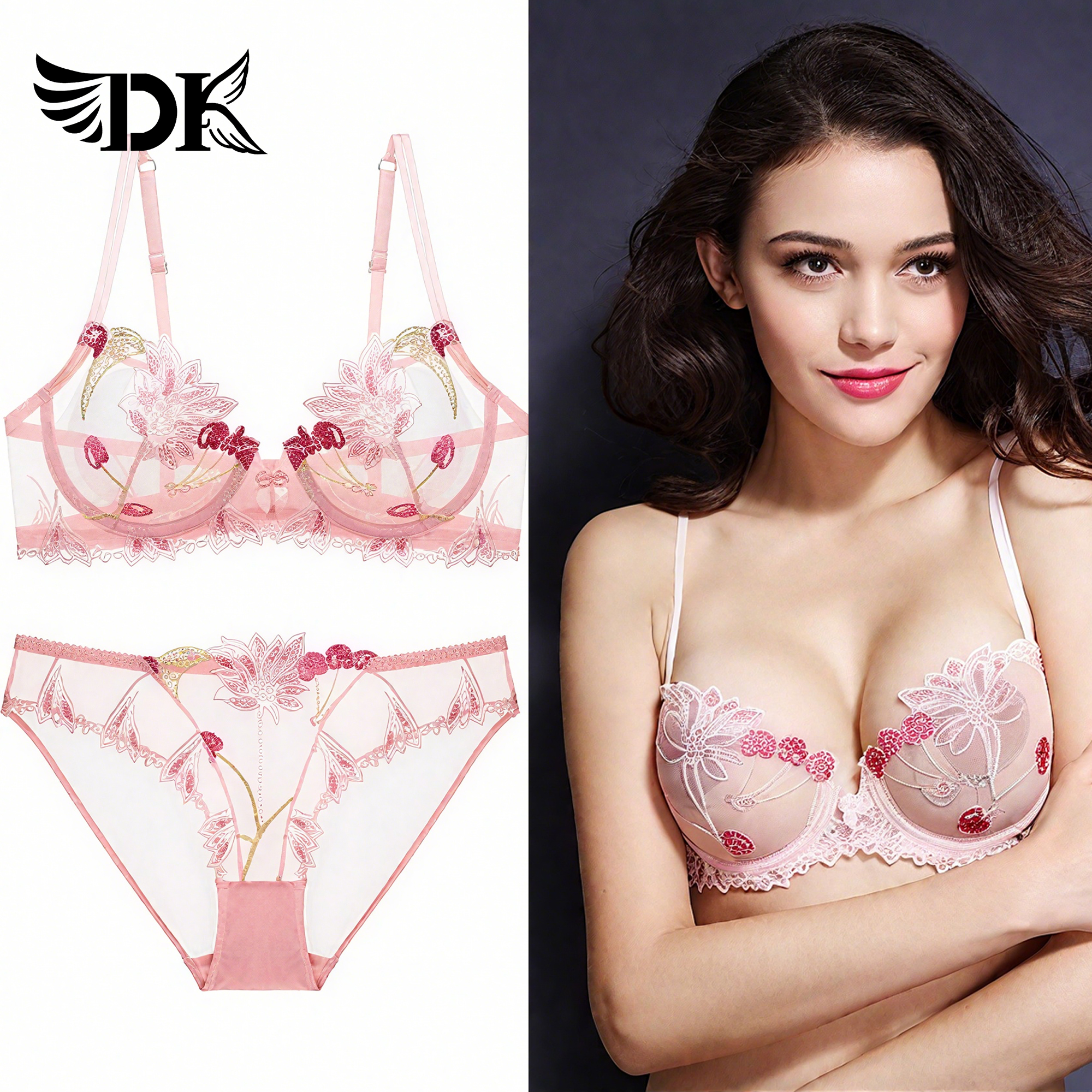 DK维多利亚法式内衣女超薄蕾丝刺绣大码胸罩纯欲透明性感文胸套装