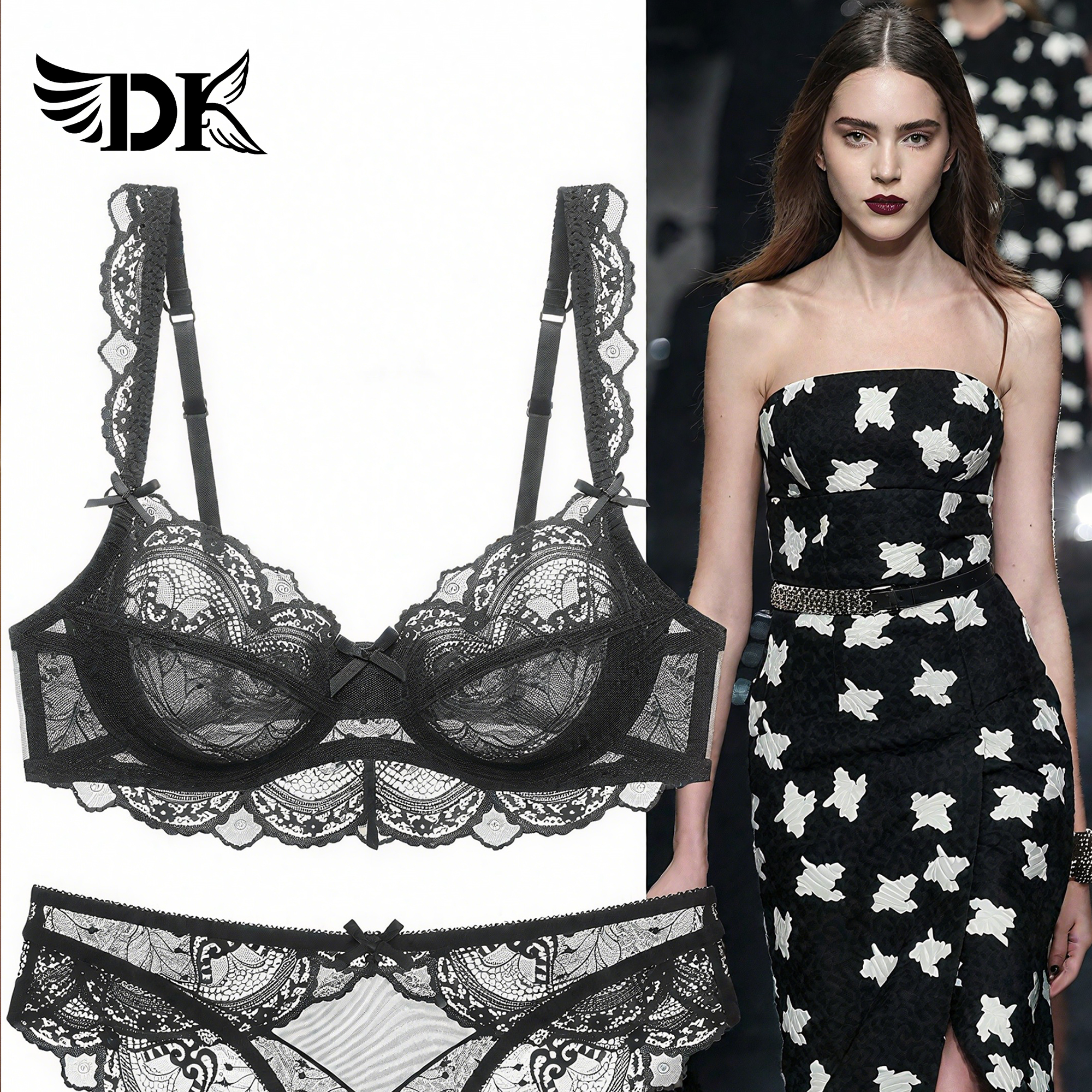 DK维多利亚法式性感蕾丝女士内衣内裤超薄透气舒适无海绵文胸套装