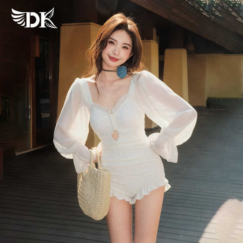 DK连体泳衣女泡温泉长袖成人微胖遮肉绝美海边高级感2025新款爆款