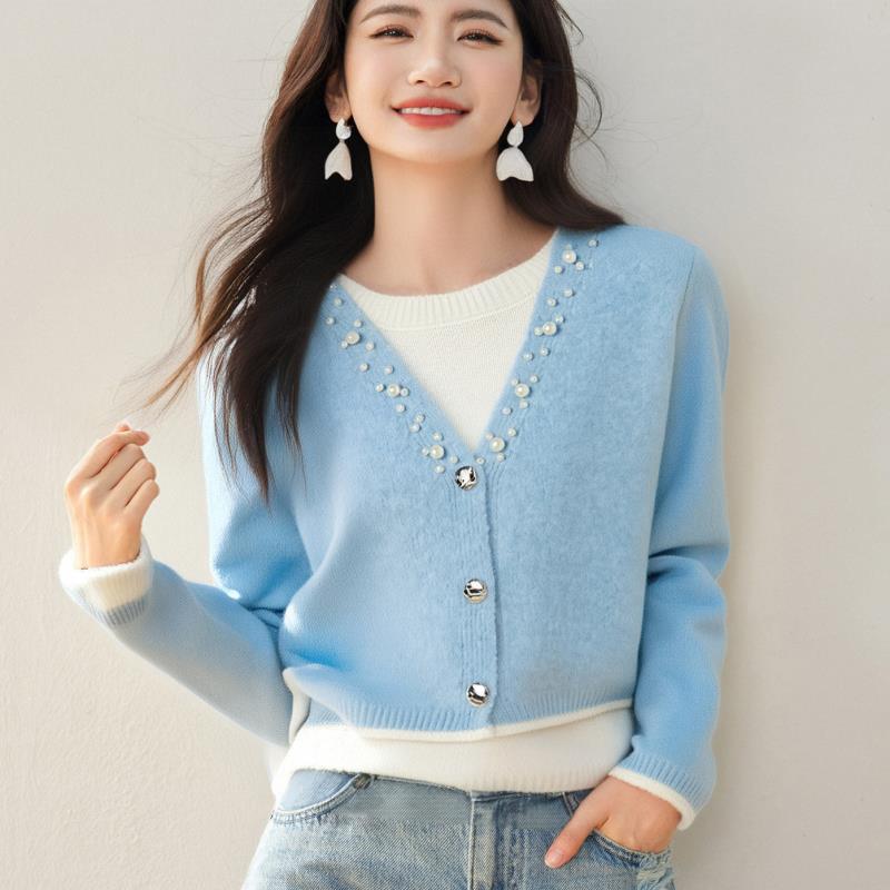 实拍◆2025通勤假两件套毛衣秋冬新款重工钉珠设计感小众上衣