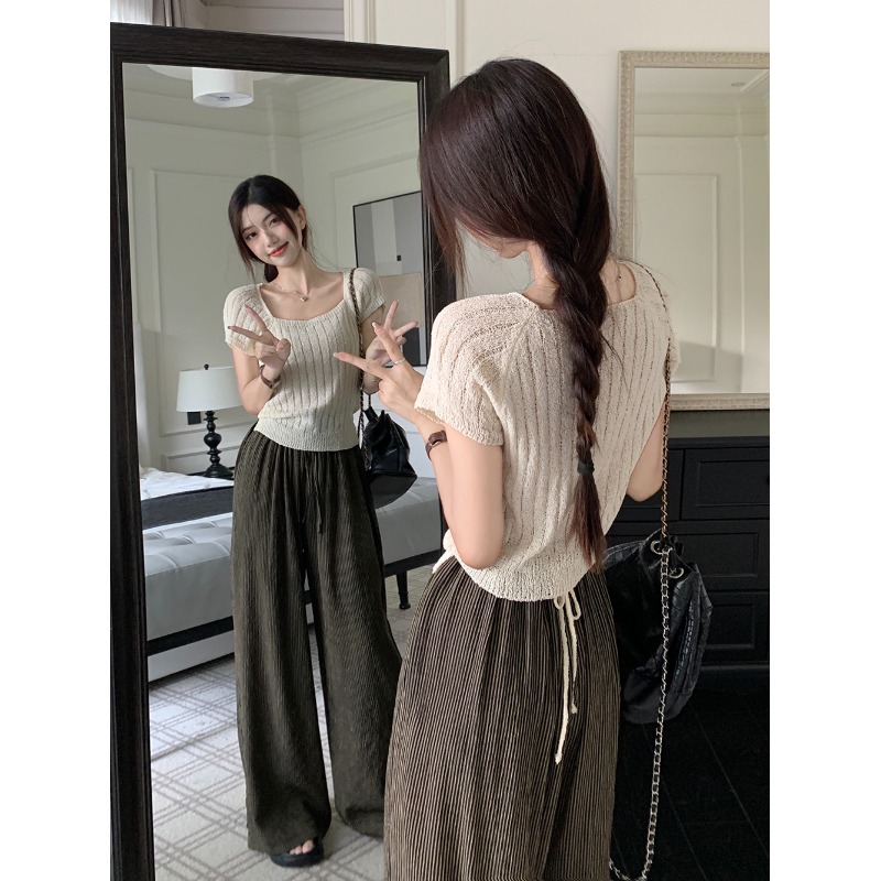 方领气质针织短袖T恤女夏季设计感小众后背绑带修身显瘦甜辣上衣