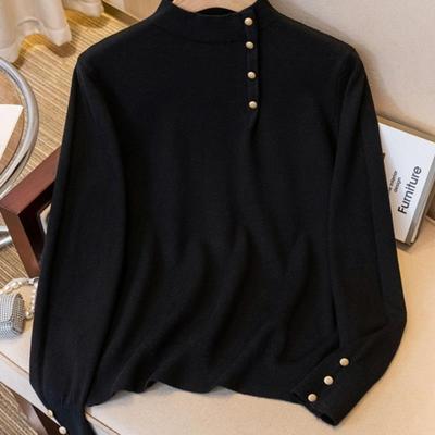 高级感轻奢黑色半高领针织衫女春季大码胖可外穿内搭打底衫上衣