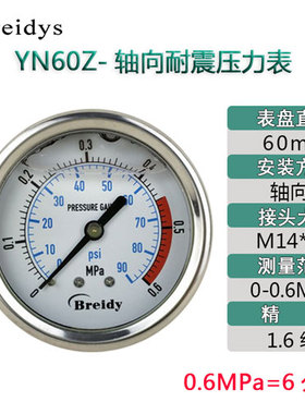 压力表YN60Z轴向不锈钢耐震压力表测水压气压通用0-1.6/100MPa