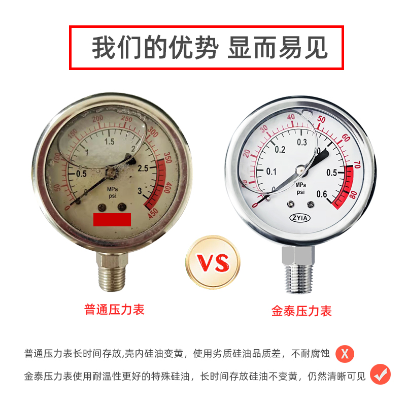 zyia金泰yn60不锈钢耐震径向压力表抗震气压油压水压液压40mpa4分