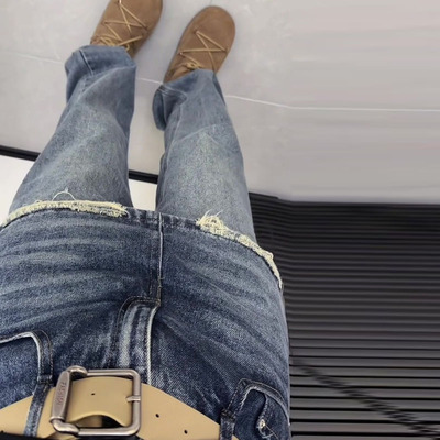 假两件磨边屁帘裙裤女2025冬新款梨形身材高腰宽松直筒窄版牛仔裤