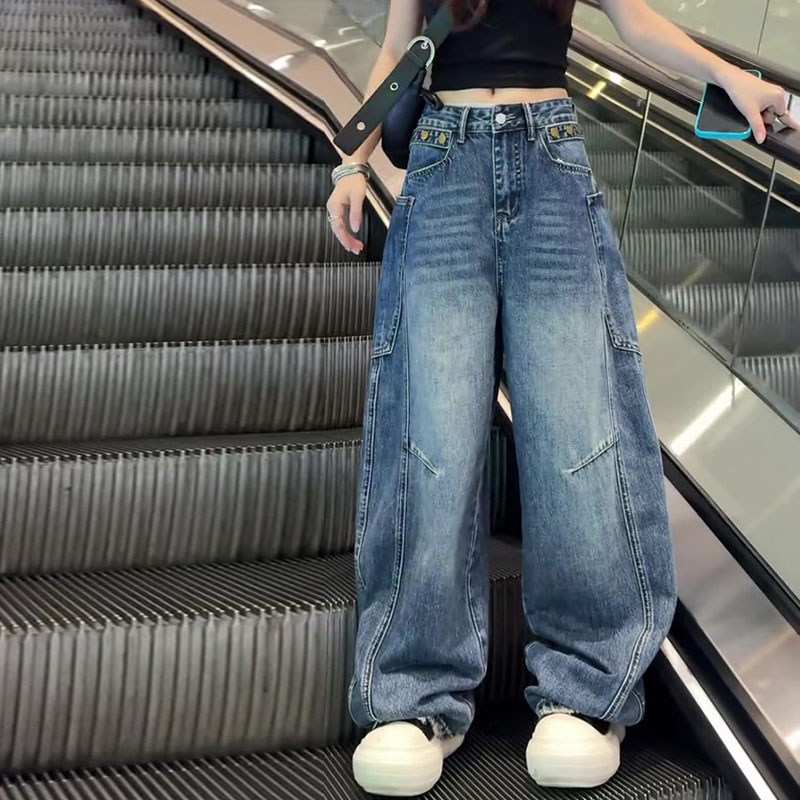 美式工装风阔腿牛仔裤女2026秋季新款梨形身材高腰宽松水洗弯刀裤图片