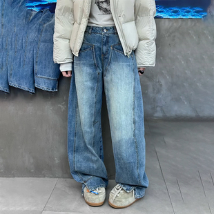 高腰宽松阔腿弯刀牛仔裤 今年流行爆款 子女 新款 设计感小众2025冬季
