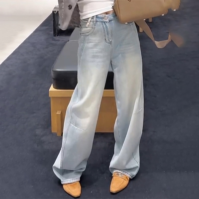 加绒2025冬季新款今年流行爆款高腰宽松直筒阔腿显瘦浅色牛仔裤子