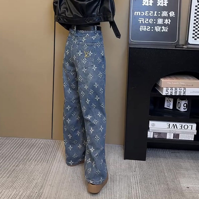 设计感小众2025春秋新款今年流行爆款宽松直筒阔腿印花牛仔裤子女