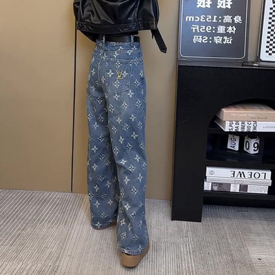 设计感小众2025春秋新款今年流行爆款宽松直筒阔腿印花牛仔裤子女