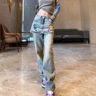 假两件裙裤女2025春新款今年流行爆款高腰宽松十字刺绣窄版牛仔裤