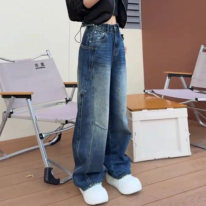 加绒加厚2025冬新款梨形身材高腰宽松直筒口袋设计弯刀阔腿牛仔裤
