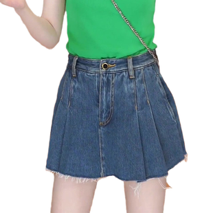 欧货2025今年夏季流行爆款新款高腰显瘦毛边假两件百褶牛仔短裙裤