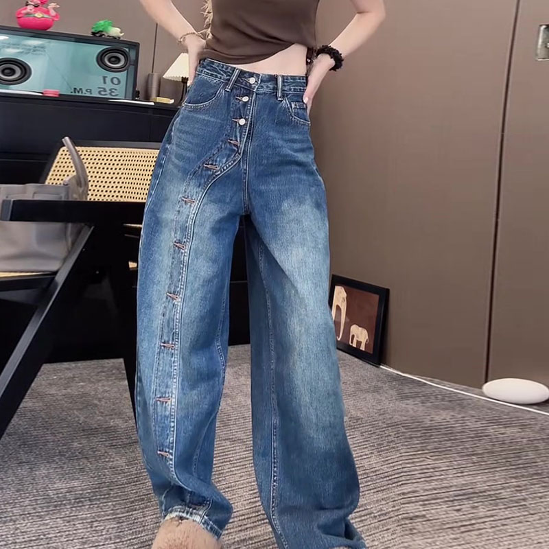 美式2025早秋新款今年流行爆款高腰宽松直筒排扣拼接阔腿牛仔裤女